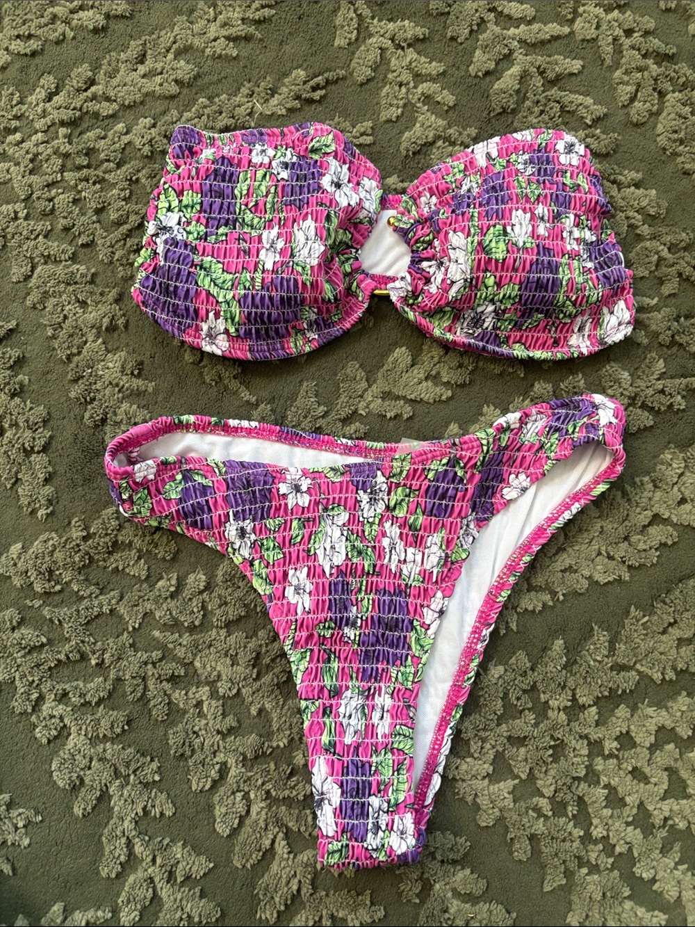Smocked Floral Bandeau Bikini Set in Pink & Purple